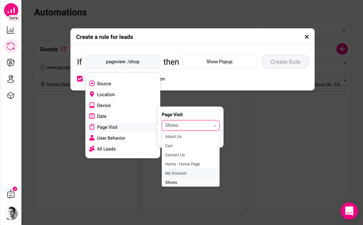 how to personalize website - Growmatik - page visit condition