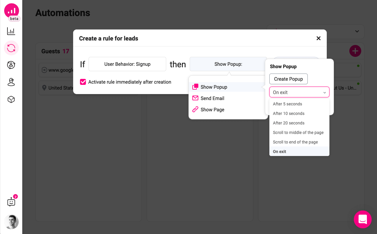 how to personalize website - Growmatik - show popup on exit