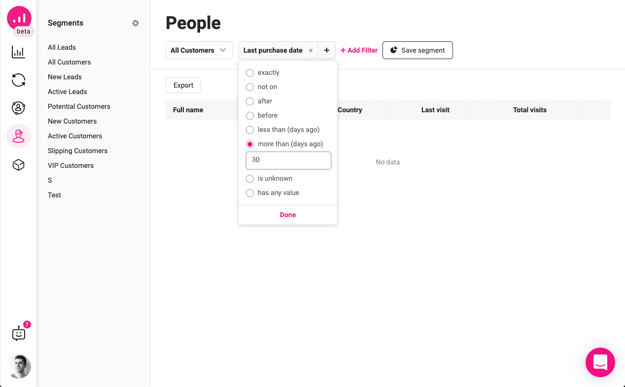 inactive customers in WooCommerce - Growmatik people page
