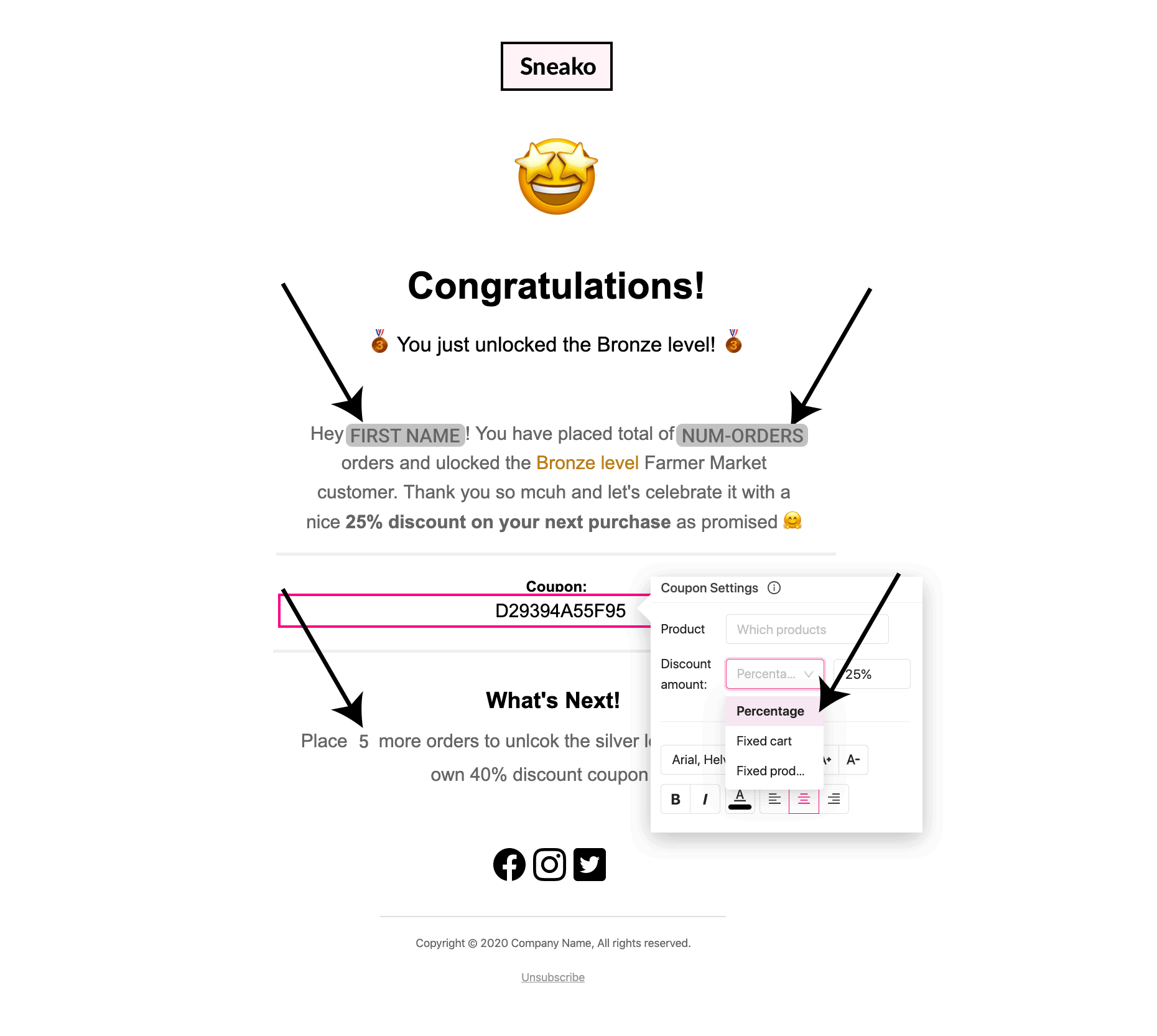 bronze tier achieved email template loyalty program in woocommerce