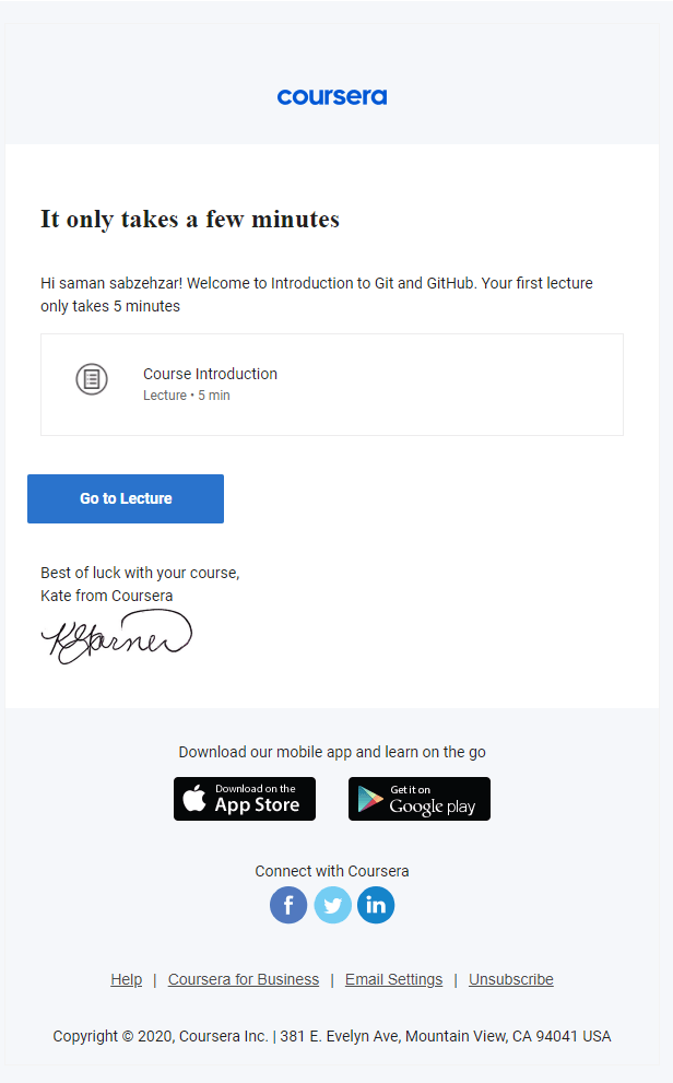 coursera welcome email