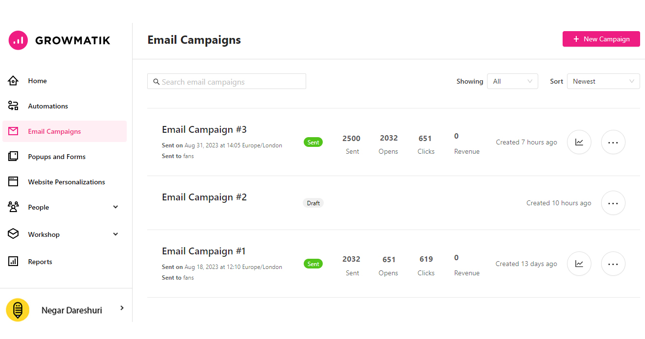 Growmatik-email-campaign-page
